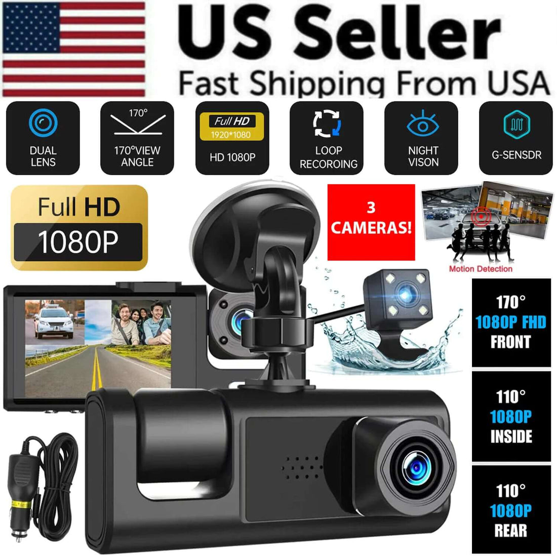 Caméra de tableau de bord à double objectif HD 1080P pour voiture, enregistreur vidéo avant/arrière/intérieur, capteur G 