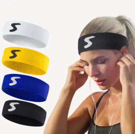 Fitness headband collection in white, yellow, blue, and black, designed for sports, health, and comfort during workouts.