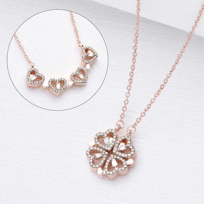Conjunto de regalo con collar de trébol de cuatro hojas y corazón: delicada joyería de oro