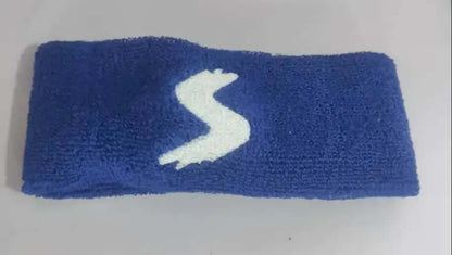 Blue fitness headband featuring a white logo, ideal for sports, workouts, and outdoor activities to enhance comfort and performance.