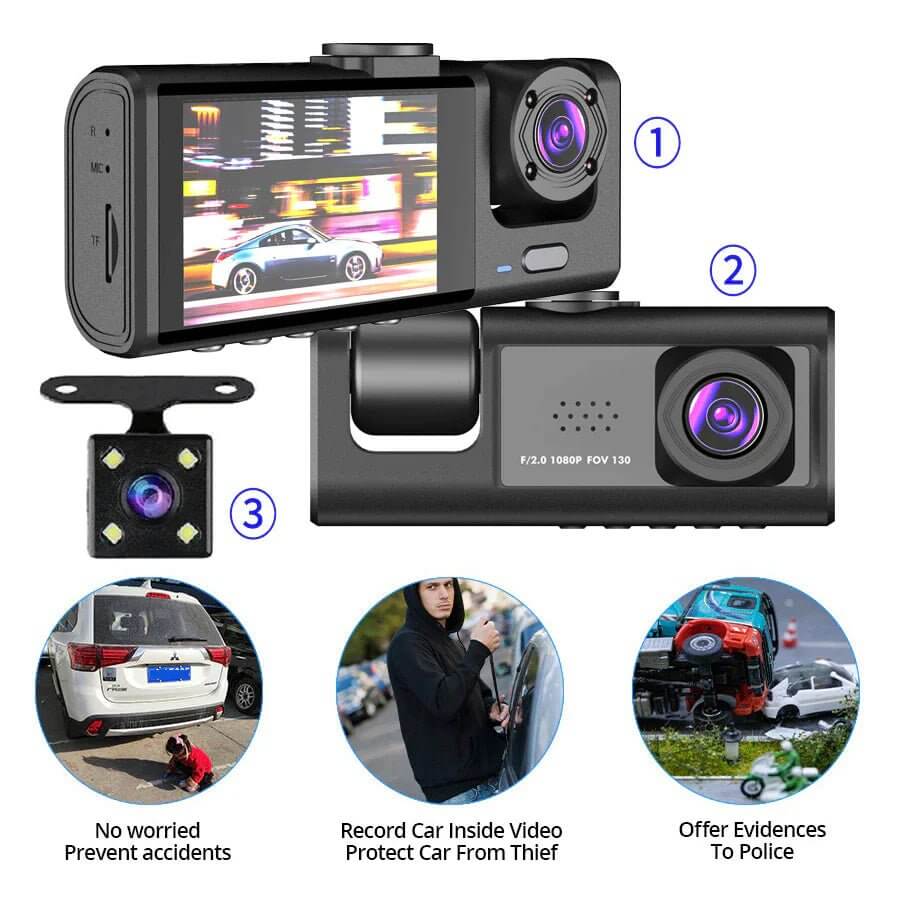 Caméra de tableau de bord à double objectif HD 1080P pour voiture, enregistreur vidéo avant/arrière/intérieur, capteur G 