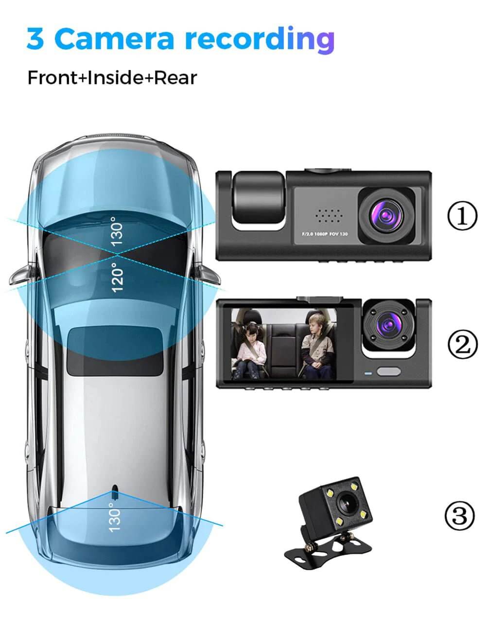 Caméra de tableau de bord à double objectif HD 1080P pour voiture, enregistreur vidéo avant/arrière/intérieur, capteur G 