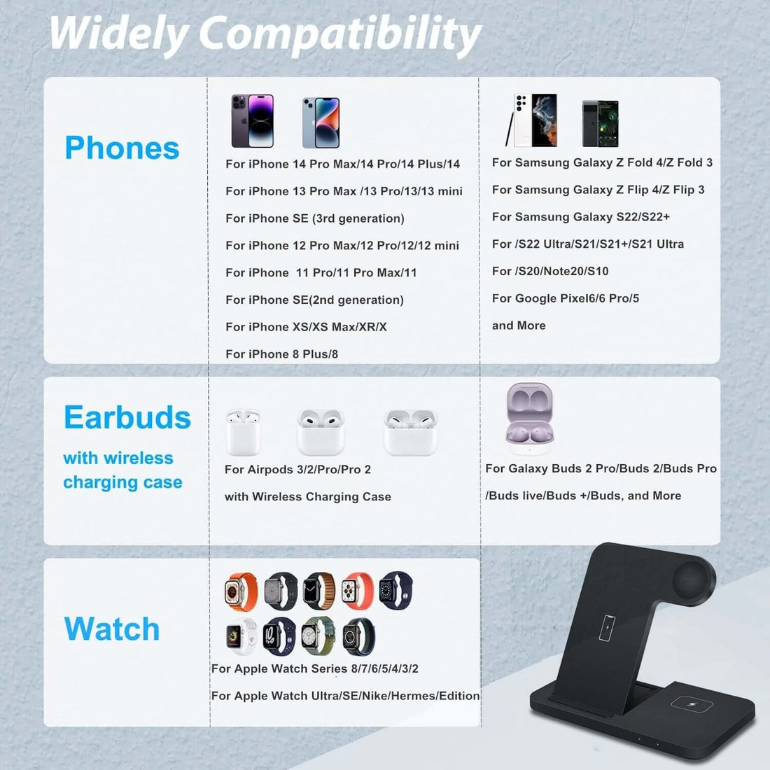 The 3-in-1 Wireless Fast Charger Dock Station is a sleek and efficient charging solution for all your devices. Designed to charge your smartphone, smartwatch, and earbuds simultaneously, it offers fast wireless charging with an organized and clutter-free setup.