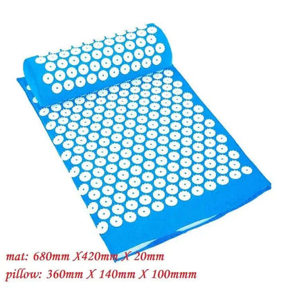 Portable yoga mat and massage pillow, blue with white spikes, ideal for health and relaxation, compact for travel.