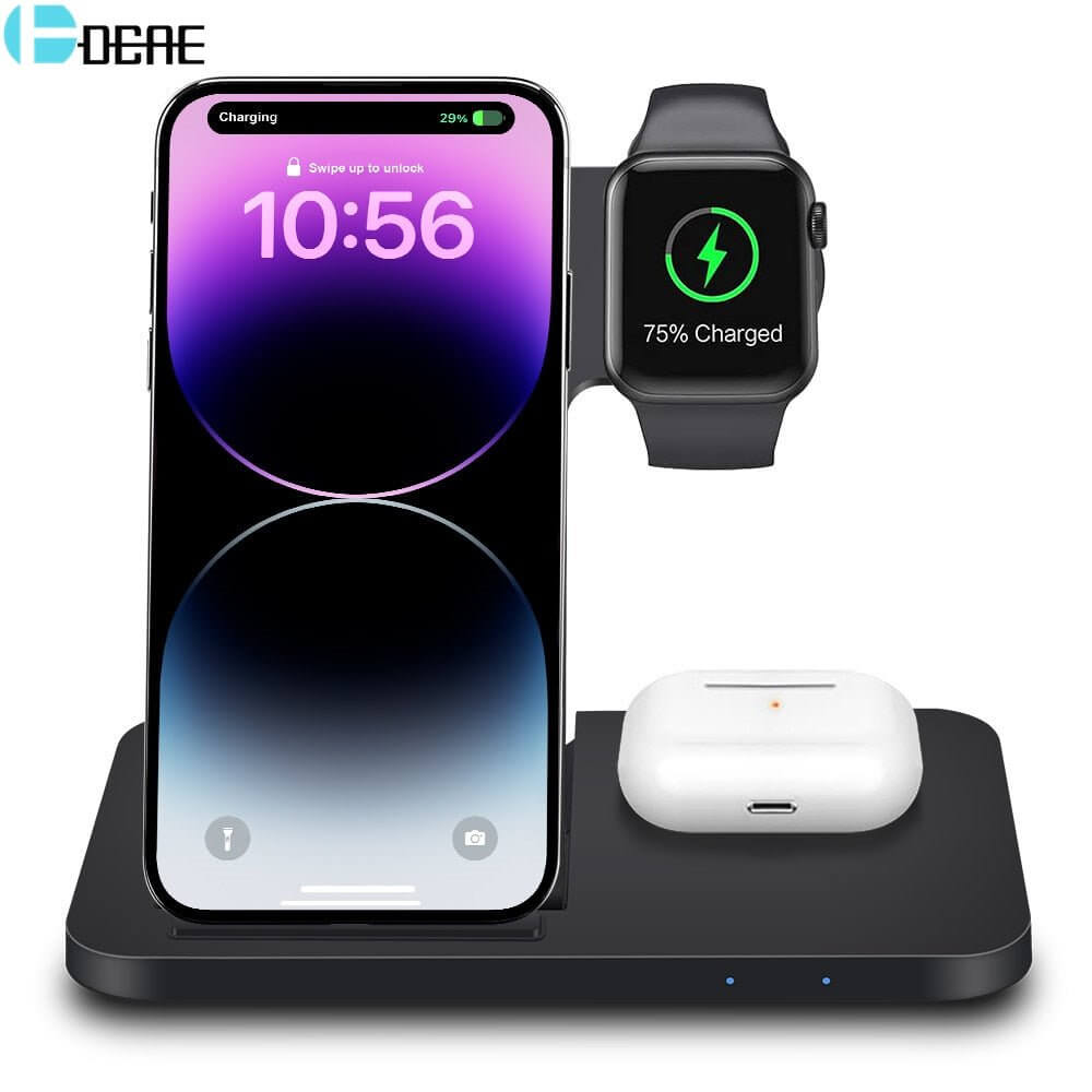 The 3-in-1 Wireless Fast Charger Dock Station is a sleek and efficient charging solution for all your devices. Designed to charge your smartphone, smartwatch, and earbuds simultaneously, it offers fast wireless charging with an organized and clutter-free setup.