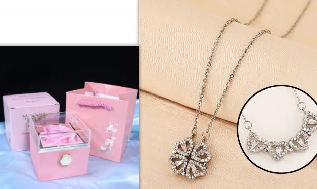 Conjunto de regalo con collar de trébol de cuatro hojas y corazón: delicada joyería de oro