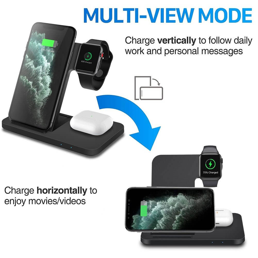 The 3-in-1 Wireless Fast Charger Dock Station is a sleek and efficient charging solution for all your devices. Designed to charge your smartphone, smartwatch, and earbuds simultaneously, it offers fast wireless charging with an organized and clutter-free setup.