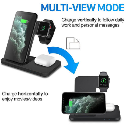 The 3-in-1 Wireless Fast Charger Dock Station is a sleek and efficient charging solution for all your devices. Designed to charge your smartphone, smartwatch, and earbuds simultaneously, it offers fast wireless charging with an organized and clutter-free setup.