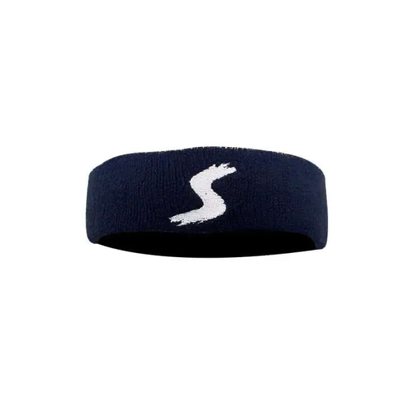 Fitness headband in navy blue with a white logo, designed for comfort in sports and outdoor activities.