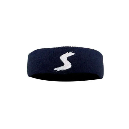 Fitness headband in navy blue with a white logo, designed for comfort in sports and outdoor activities.